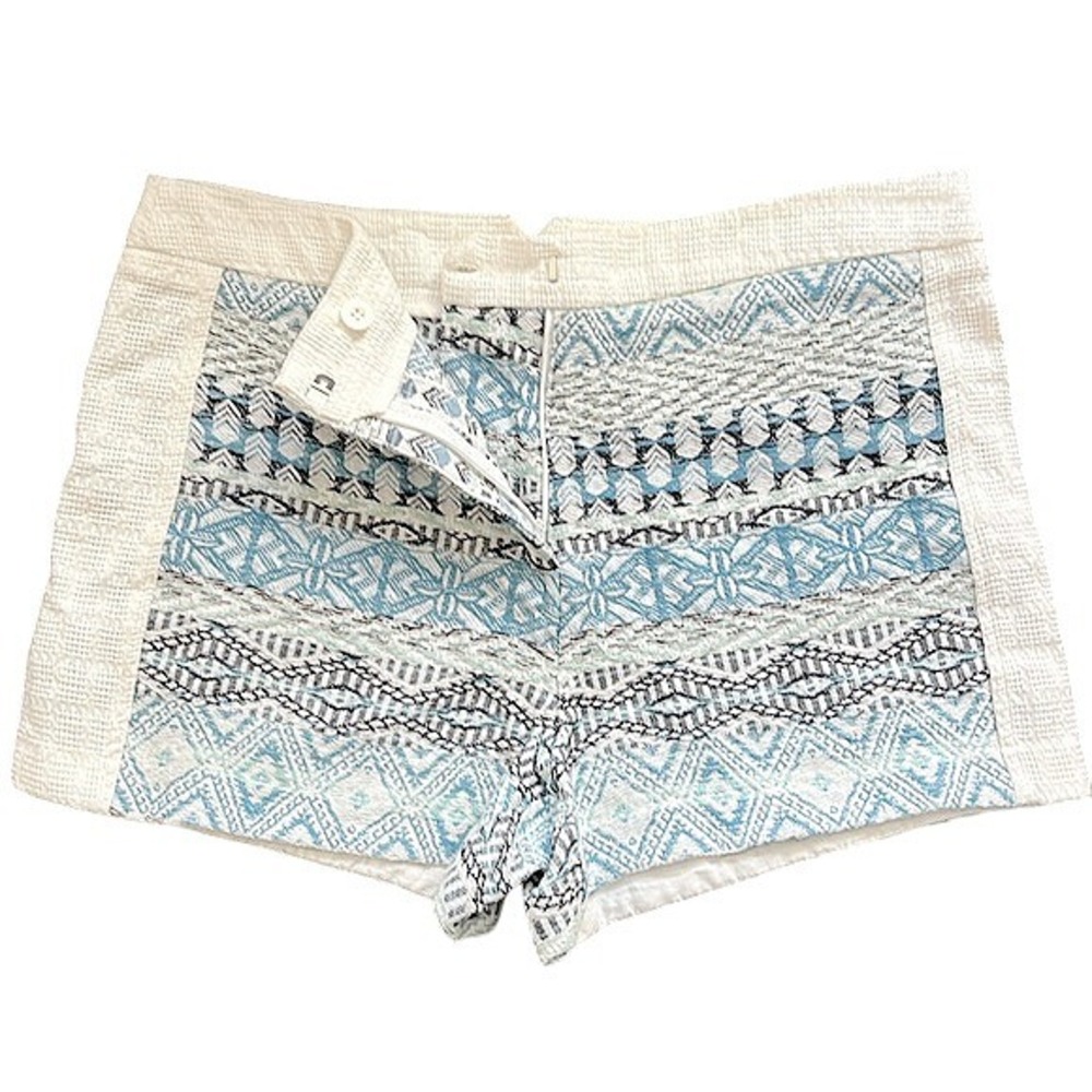 Quinn Embroidered Tribal Print Shorts Size Medium Blue Cream Textured Woven‎